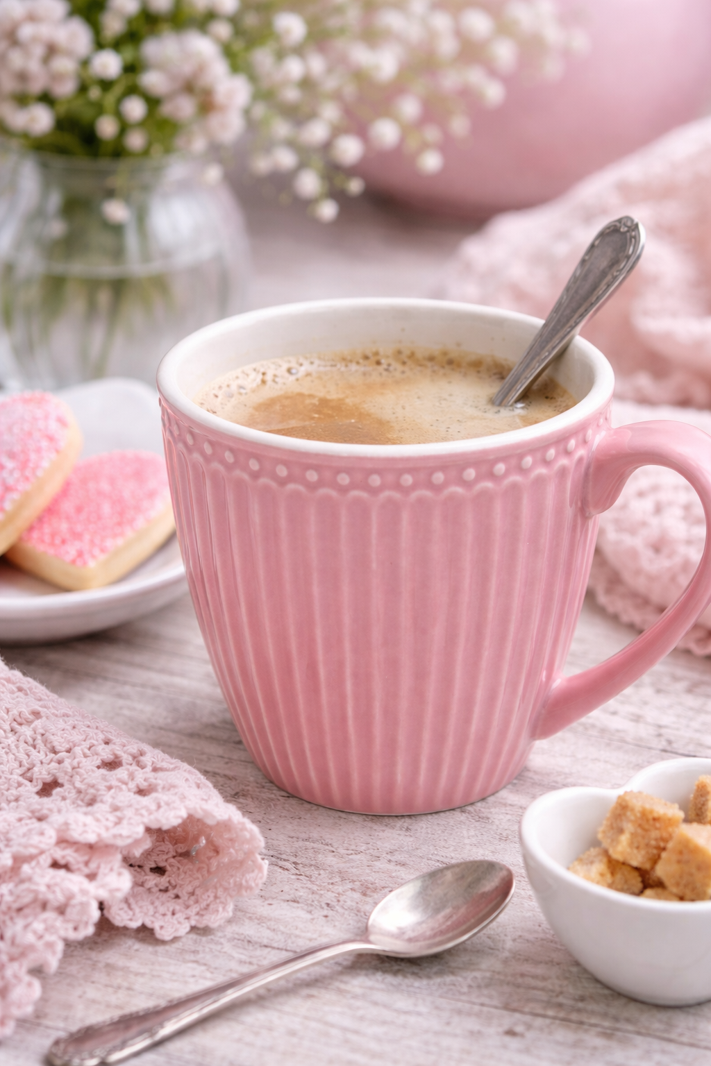GreenGate Alice Henkeltasse Staubrosa in gemütlicher Frühlingsdekoration mit Blumen und Kerze im Hygge Stil