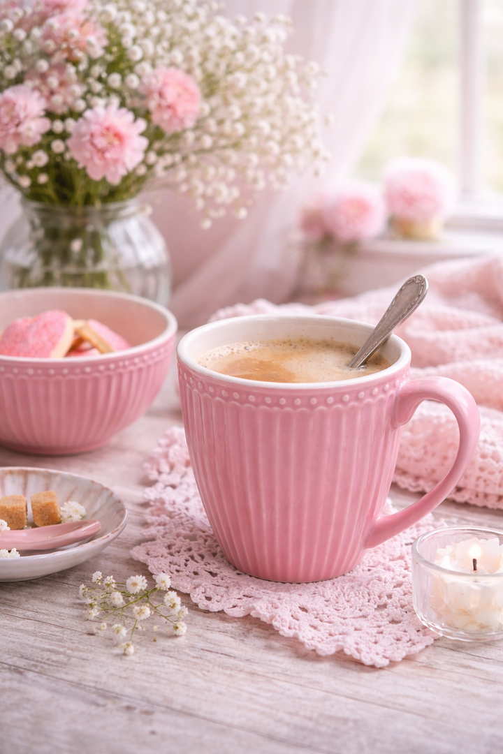 GreenGate Alice Henkeltasse Staubrosa mit Kaffee gefüllt auf gedecktem Tisch im skandinavischen Hygge Stil