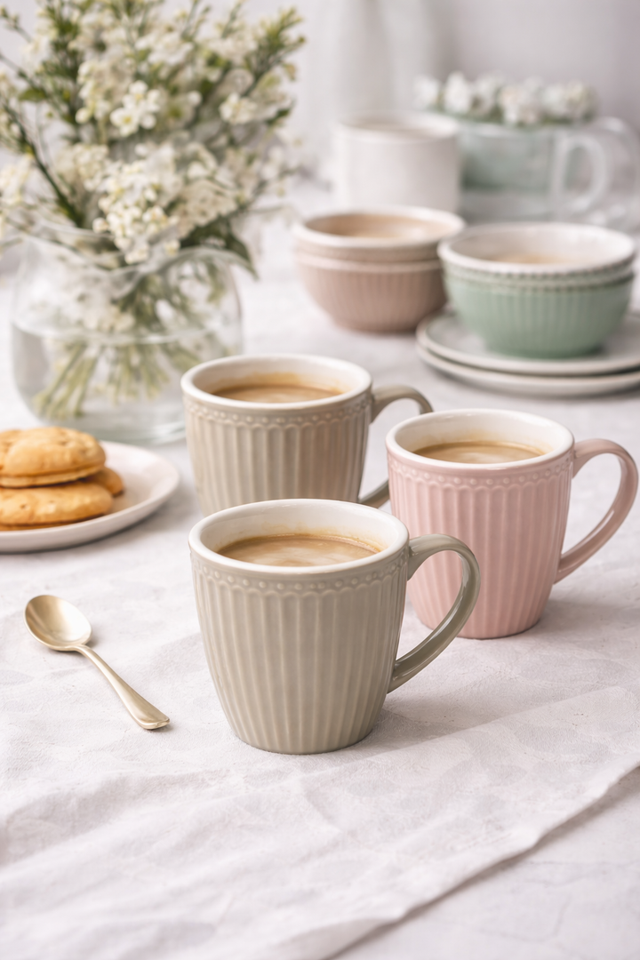 GreenGate Alice Henkeltasse warmes Grau Hygge Stimmung skandinavischer Tisch Kaffee Szene