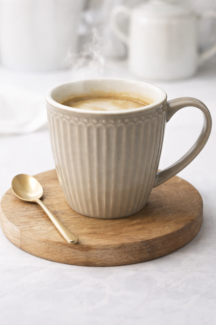 GreenGate Henkeltasse Alice warmes Grau mit Kaffee Nutzung skandinavische Küche Hygge