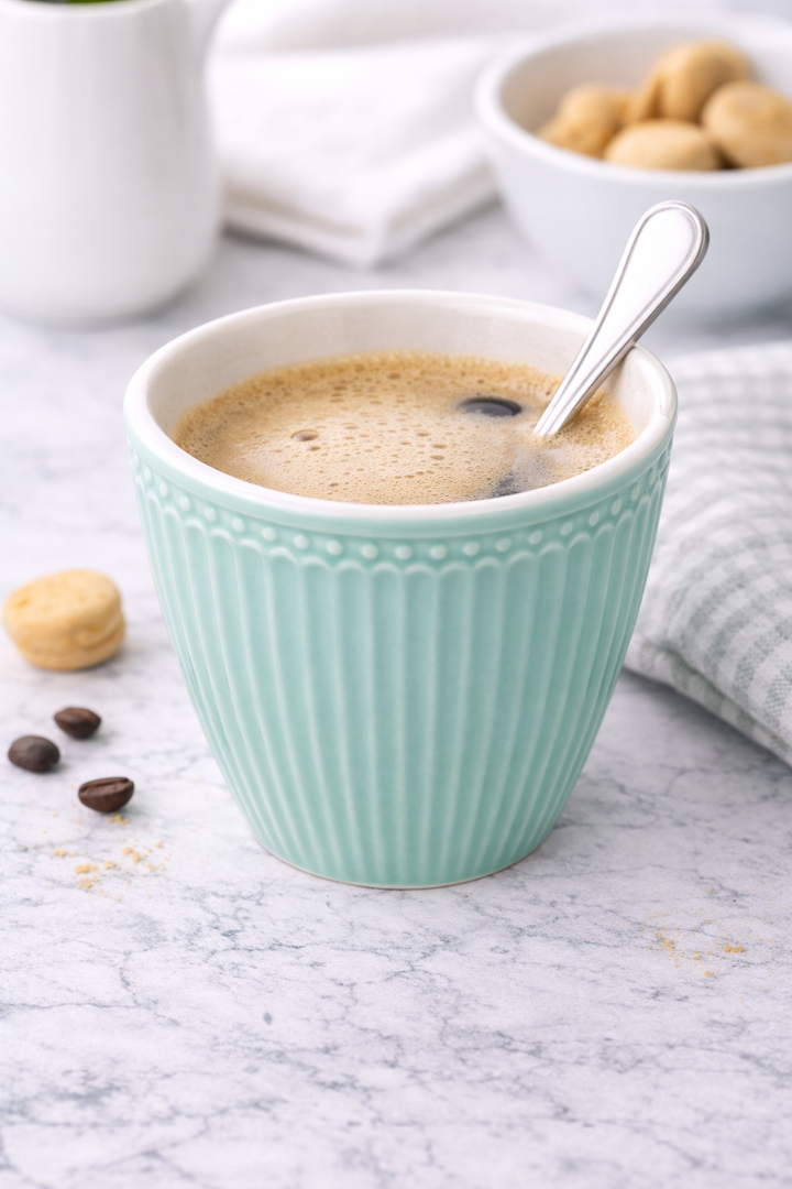 GreenGate Latte Becher Alice kühle Minze mit Kaffee in Anwendung auf Tisch