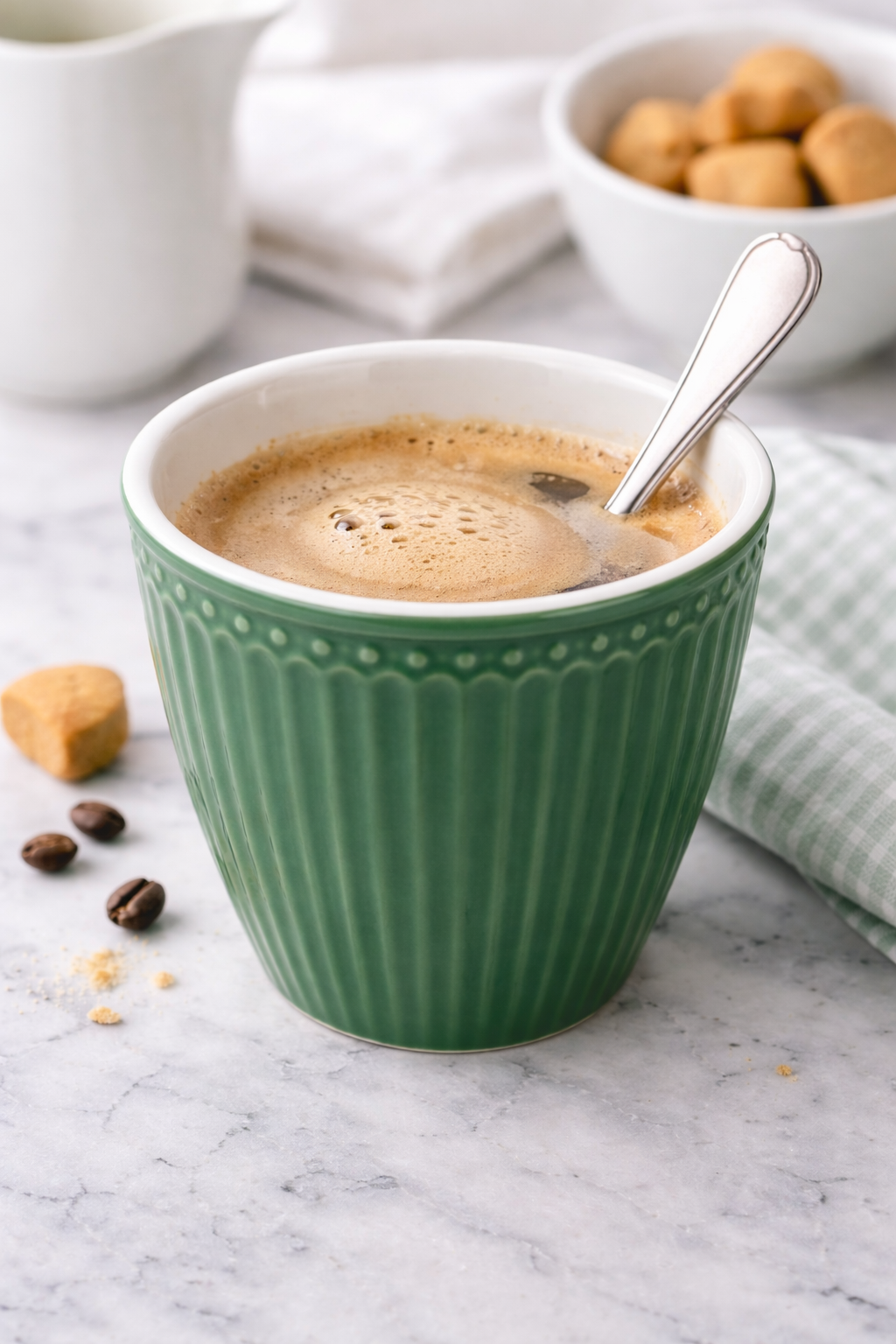 Alt-Text:
GreenGate Latte Becher Alice Staubgrün mit Kaffee in Anwendung auf Tisch