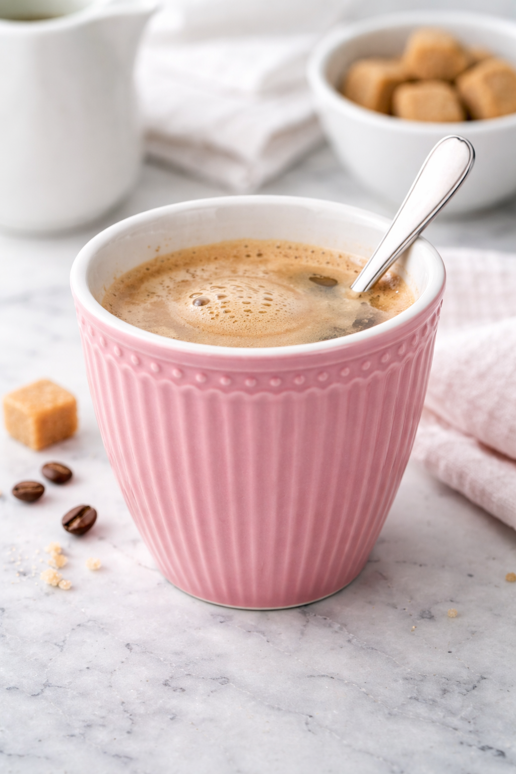 GreenGate Latte Becher Alice staubrosa mit Kaffee und Löffel in Nutzung