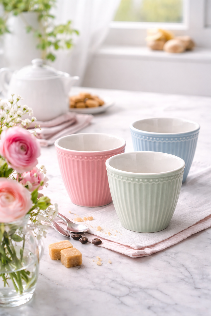 GreenGate Latte Becher Alice staubrosa in stimmungsvoller Tischdekoration im Landhausstil