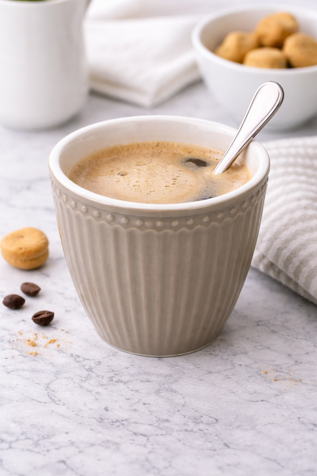 GreenGate Latte Becher Alice Warmes Grau mit Kaffee in Anwendung auf Tisch