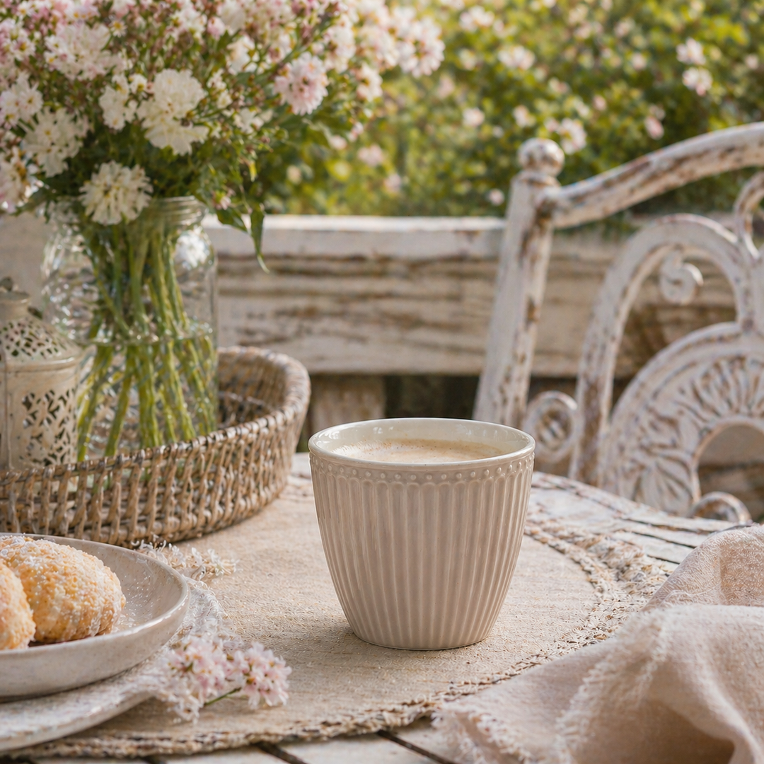 GreenGate Alice Lattebecher Fudge auf Terrasse im sommerlichen Shabby Chic Landhausstil dekoriert