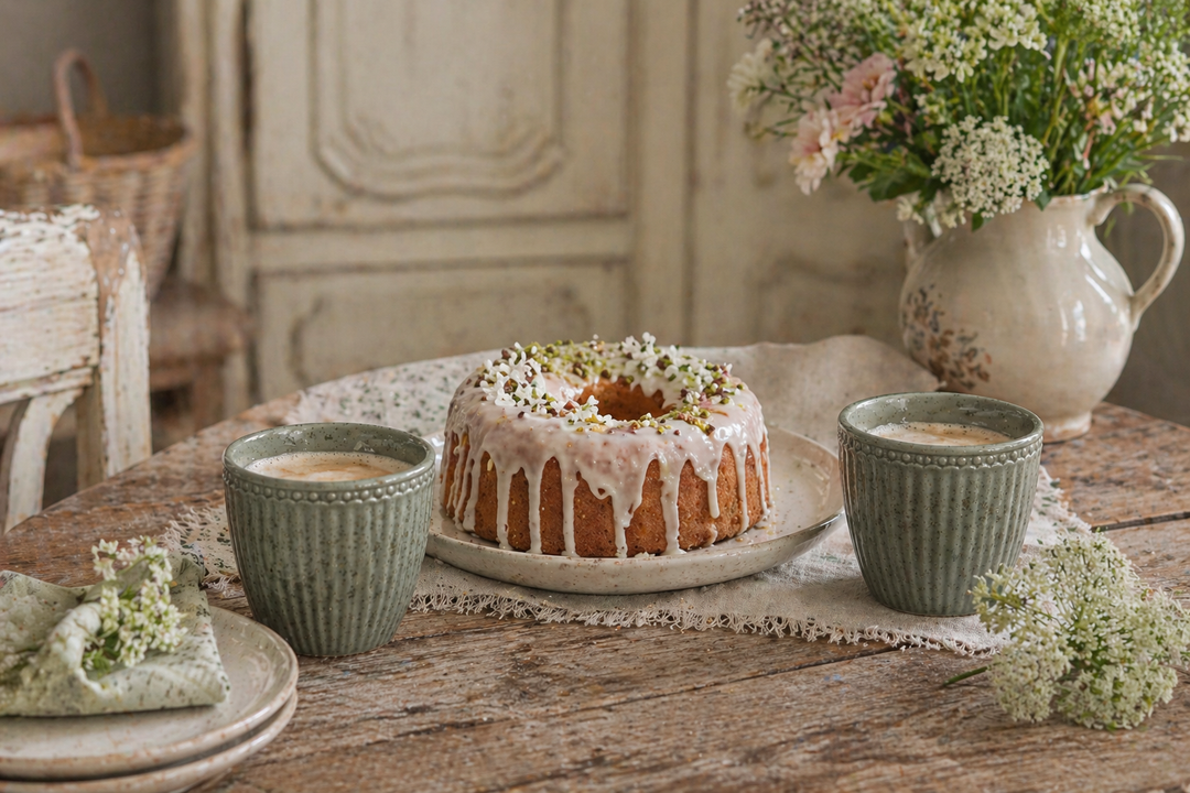 GreenGate Alice Lattebecher olivgrün mit Kuchen auf rustikalem Holztisch im Shabby Chic Landhausstil