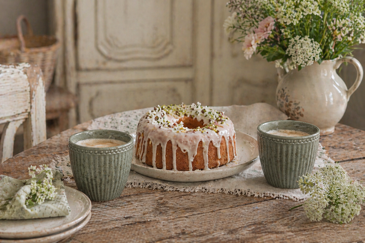 GreenGate Alice Lattebecher olivgrün mit Kuchen auf rustikalem Holztisch im Shabby Chic Landhausstil