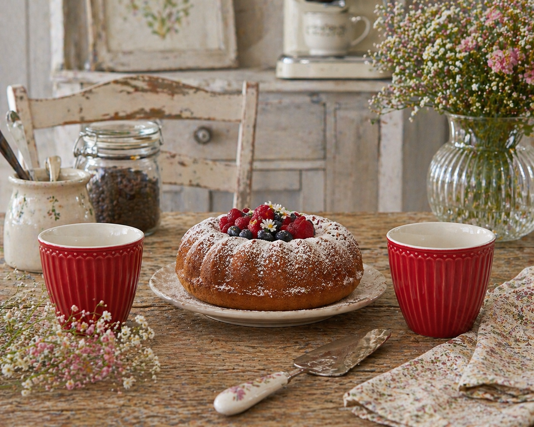 GreenGate Alice Lattebecher rot mit Kuchen auf rustikalem Holztisch im Shabby Chic Landhausstil