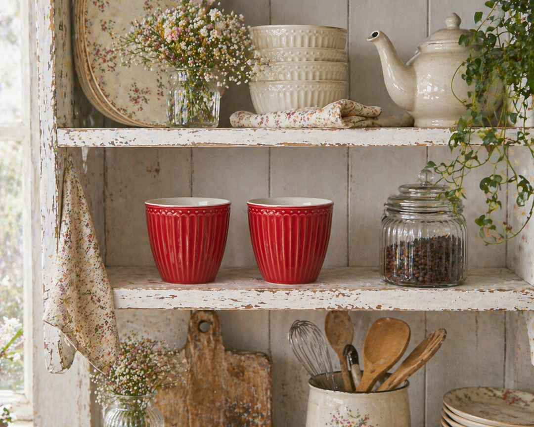 GreenGate Alice Lattebecher rot im Regal einer Shabby Chic Landhausküche dekoriert