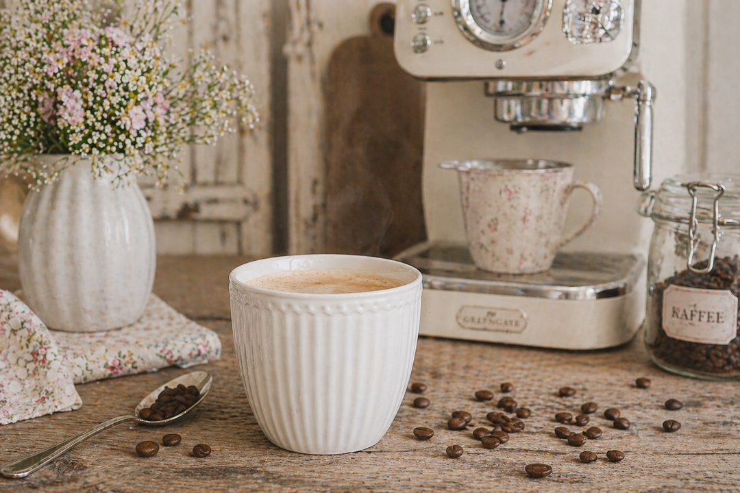 GreenGate Alice Lattebecher weiß auf rustikalem Holztisch mit Kaffeemaschine und Kaffeebohnen im Shabby Chic Stil
