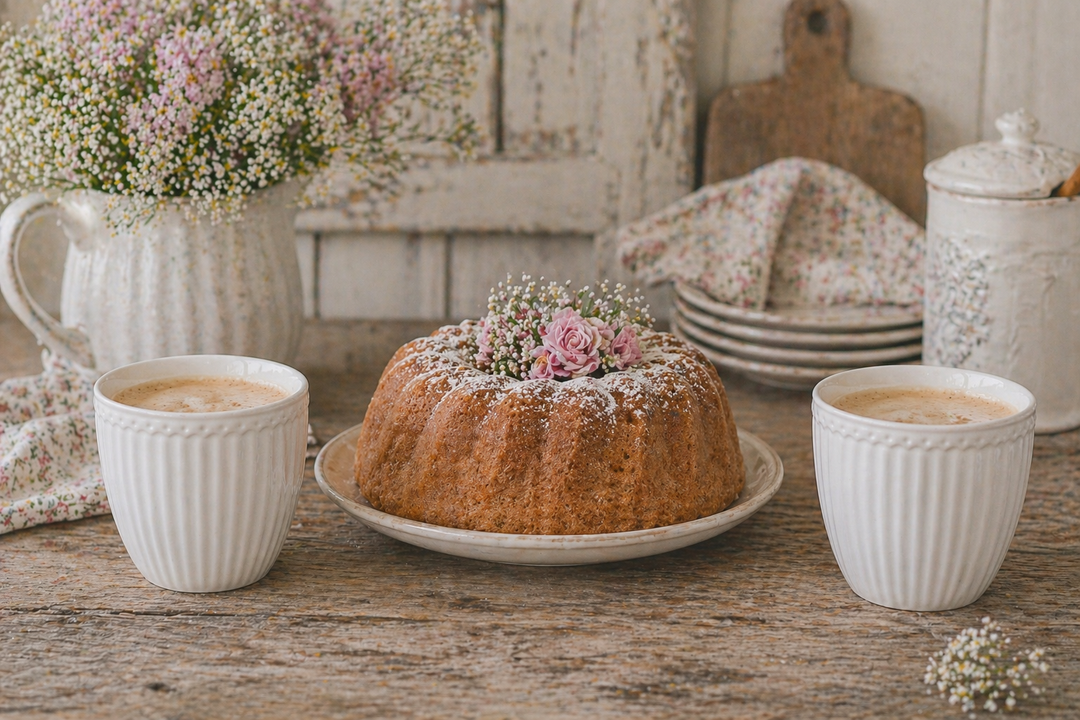 GreenGate Alice Lattebecher weiß auf Terrasse im sommerlichen Shabby Chic Landhausstil dekoriert