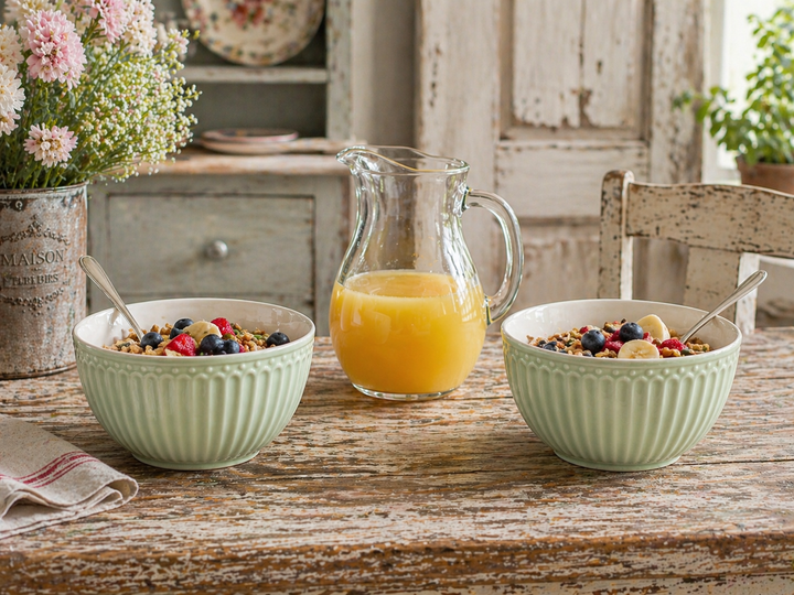 GreenGate Müslischale Alice hellgrün mit Müsli auf urigem Holztisch neben Saftkanne im Shabby Chic Landhausstil