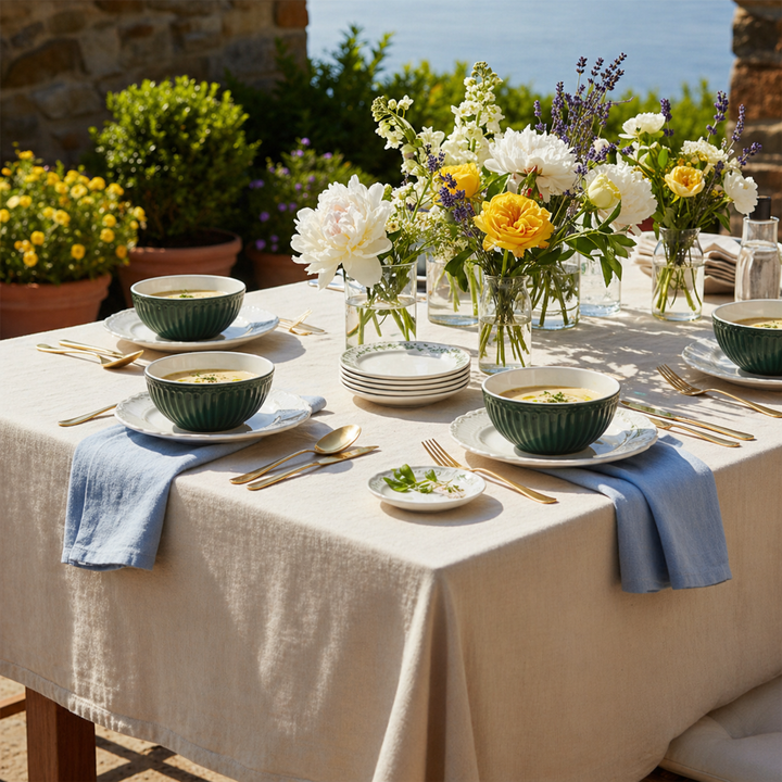 GreenGate Müslischale Alice kieferngrün auf sommerlicher Terrasse im Toscana Stil mit Blumen und gedecktem Tisch im Landhausstil