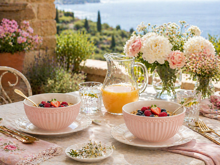 GreenGate Müslischale Alice rosa auf sommerlicher Terrasse im Toscana Stil mit Blumen und gedecktem Tisch im Landhausstil