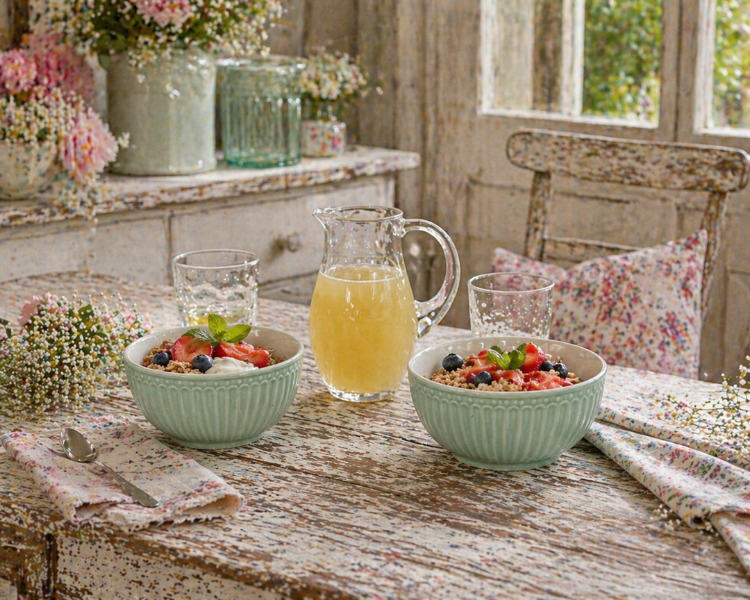 GreenGate Alice Schüsseln kühle Minze auf Holztisch mit Saftkanne und Frühstück im Landhausstil