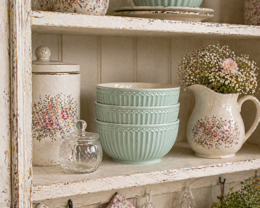 GreenGate Alice Schüsseln kühle Minze im Regal Landhausküche Shabby Chic Stil
