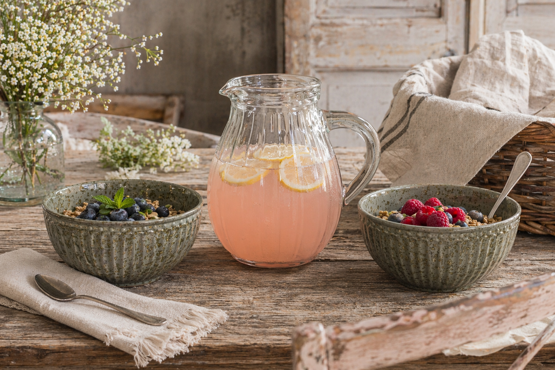 GreenGate Alice Schüsseln olivgrün auf Holztisch mit Glaskanne und Saft im Shabby Chic Landhausstil