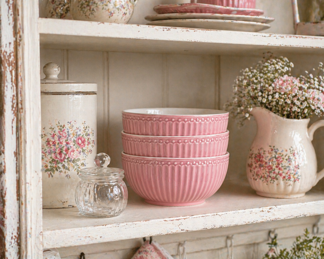 GreenGate Alice Schüsseln staubrosa im Regal Landhausküche Shabby Chic Stil