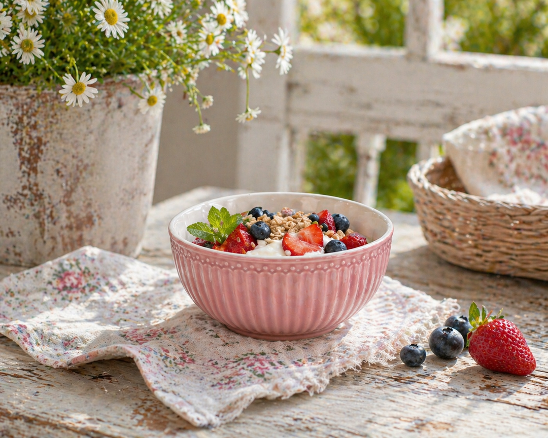 GreenGate Schüssel Alice staubrosa auf Terrasse mit Frühstück im Shabby Chic Landhausstil Sommer