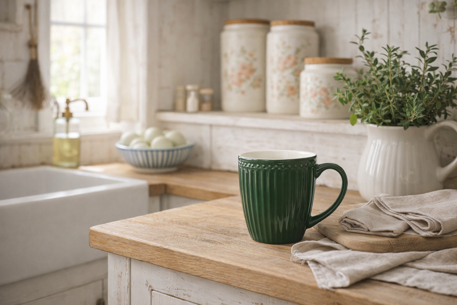 Greengate Alice Tasse in Kieferngrün auf einer Holzarbeitsfläche in einer skandinavischen Landhausküche