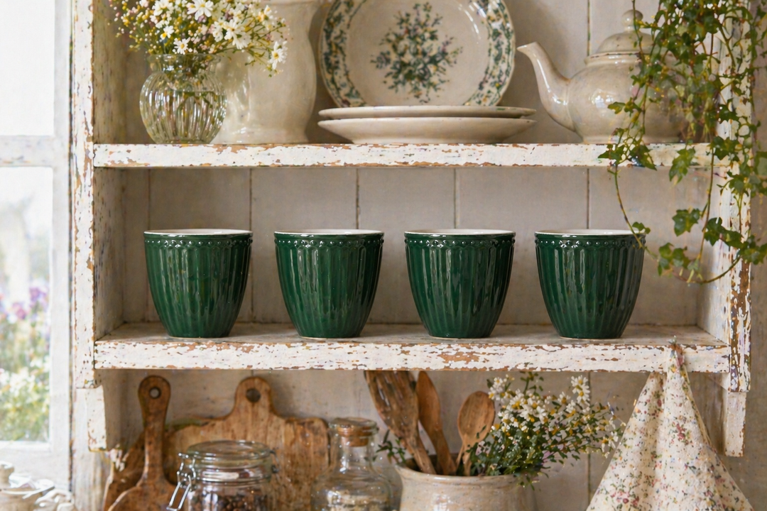 GreenGate Alice Tassen olivgrün im Regal einer Shabby Chic Landhausküche dekoriert