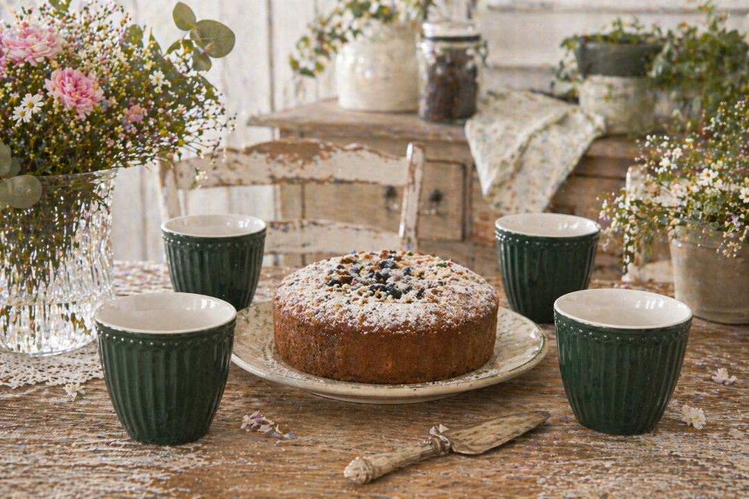 GreenGate Alice Tasse olivgrün auf Terrasse im sommerlichen Landhausstil dekoriert