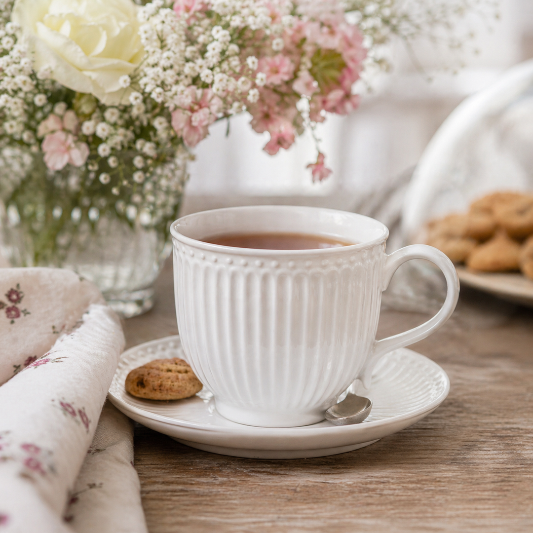 GreenGate Tasse mit Untertasse Alice weiß in Nutzung mit Tee auf Holztisch im skandinavischen Landhausstil