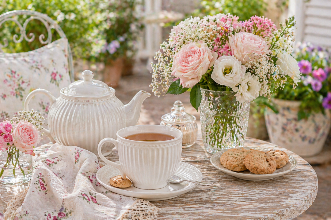 GreenGate Tasse mit Untertasse Alice weiß auf sommerlicher Terrasse im Shabby Chic Landhausstil dekoriert
