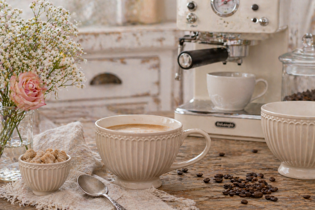 GreenGate Teetasse Alice Fudge auf rustikalem Holztisch mit Kaffeemaschine und Kaffeebohnen im Landhausstil