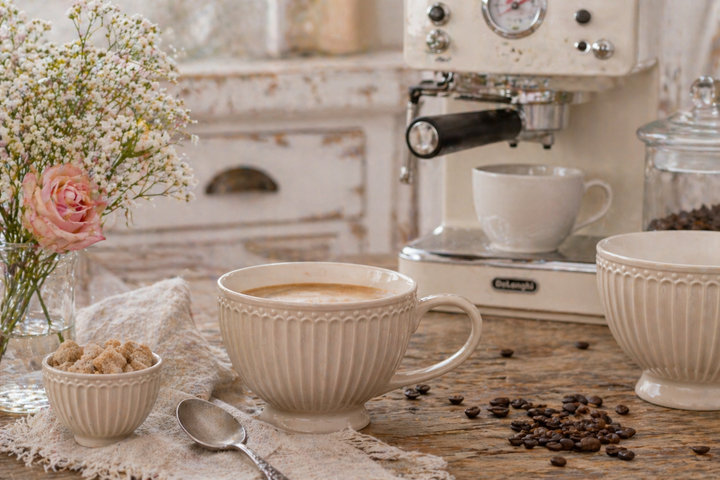 GreenGate Teetasse Alice Fudge auf rustikalem Holztisch mit Kaffeemaschine und Kaffeebohnen im Landhausstil