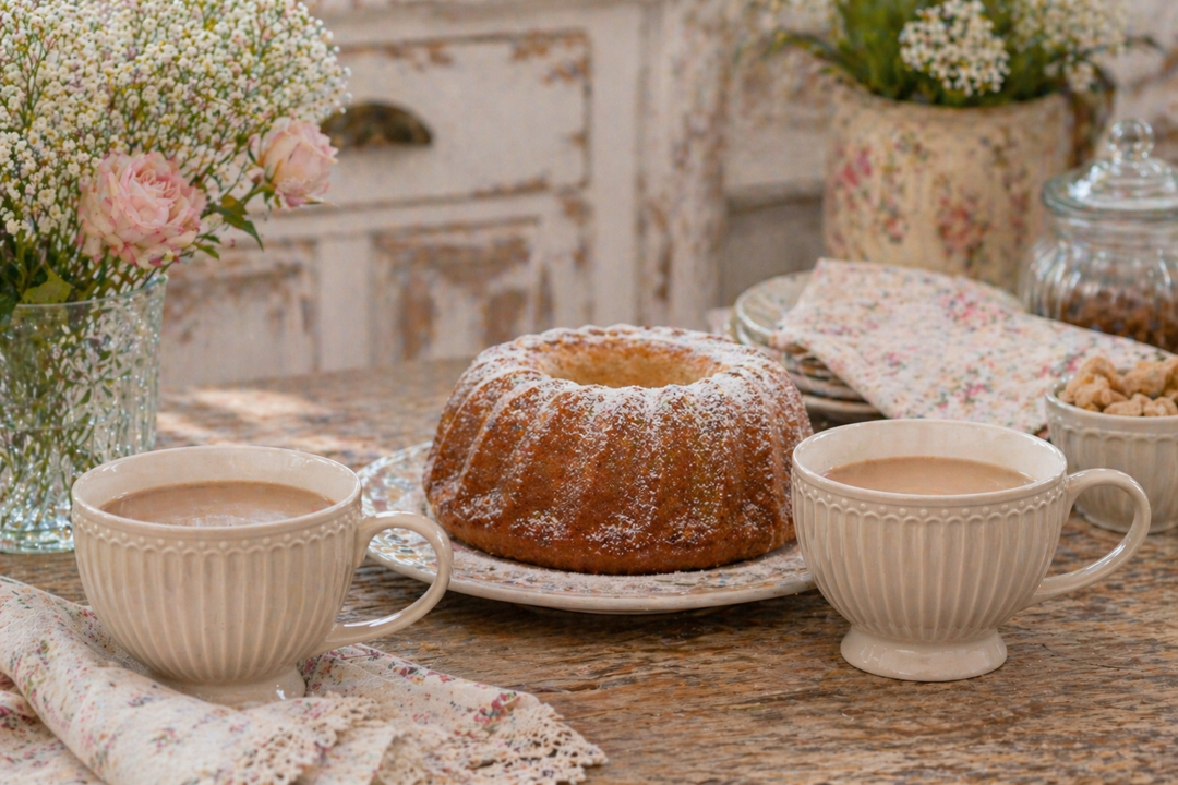 GreenGate Teetasse Alice Fudge mit zweiter Tasse und Kuchen auf Holztisch im Shabby Chic Landhausstil