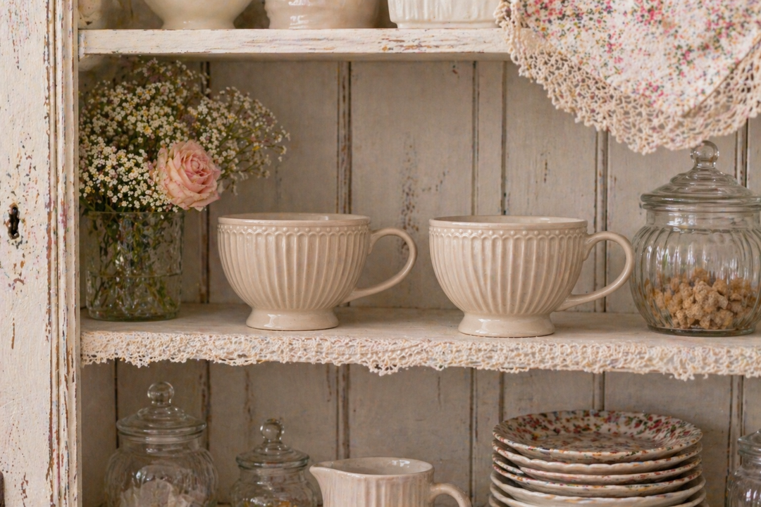 GreenGate Teetasse Alice Fudge im Regal einer Landhausküche im Shabby Chic Stil dekoriert