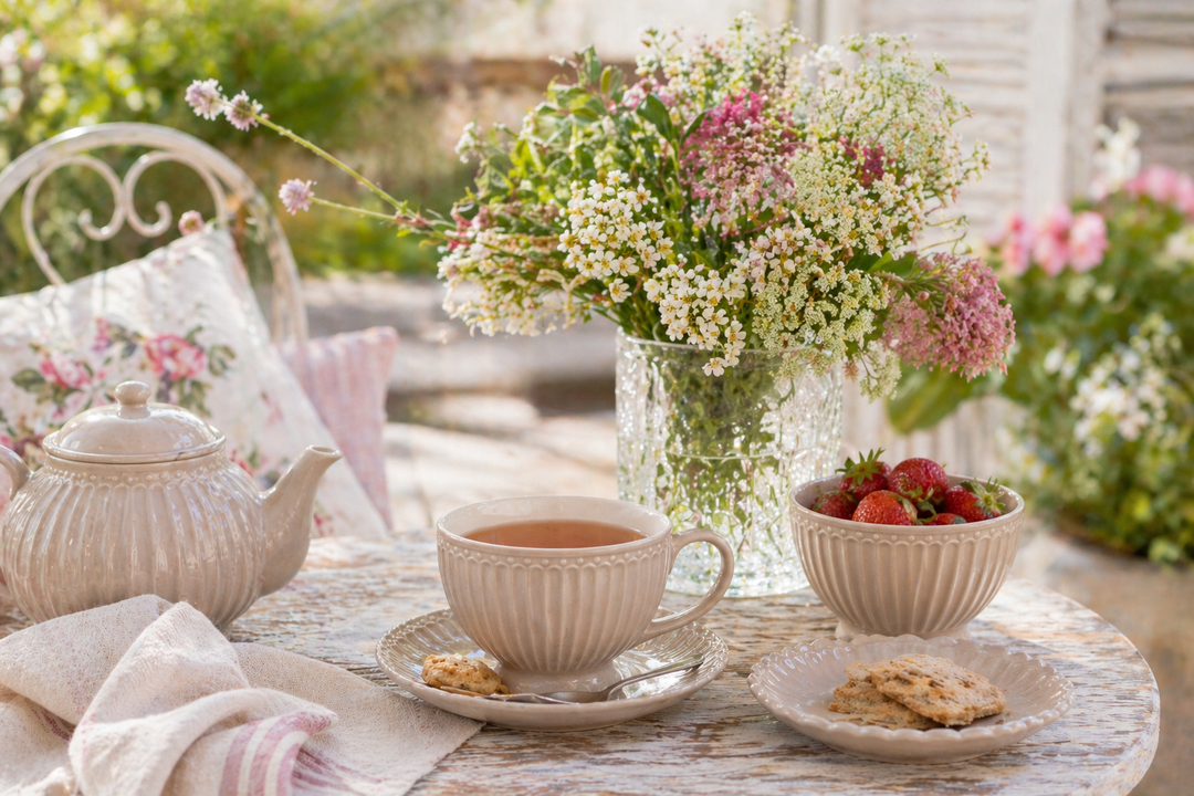 GreenGate Teetasse Alice Fudge auf sommerlicher Terrasse im Shabby Chic Landhausstil mit Blumen und Geschirr