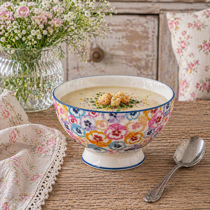 GreenGate Suppenschale Anine rosa geblümt mit Suppe auf rustikalem Holztisch im Shabby Chic Landhausstil angerichtet