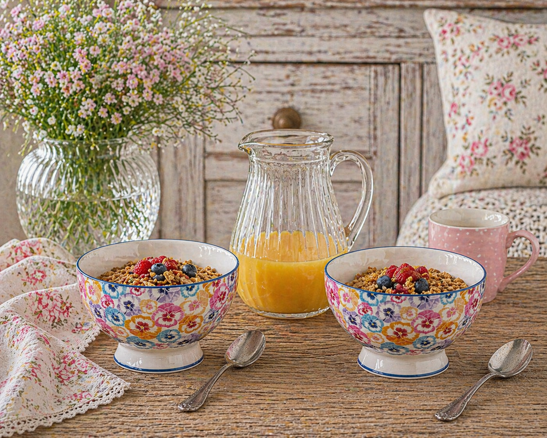 GreenGate Suppenschale Anine rosa geblümt im Set mit Müsli auf urigem Holztisch neben Saftkanne im Shabby Chic Landhausstil
