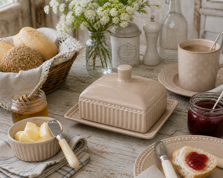 GreenGate Butterdose Alice Fudge M auf gedecktem Frühstückstisch mit Brot, Marmelade und Honig