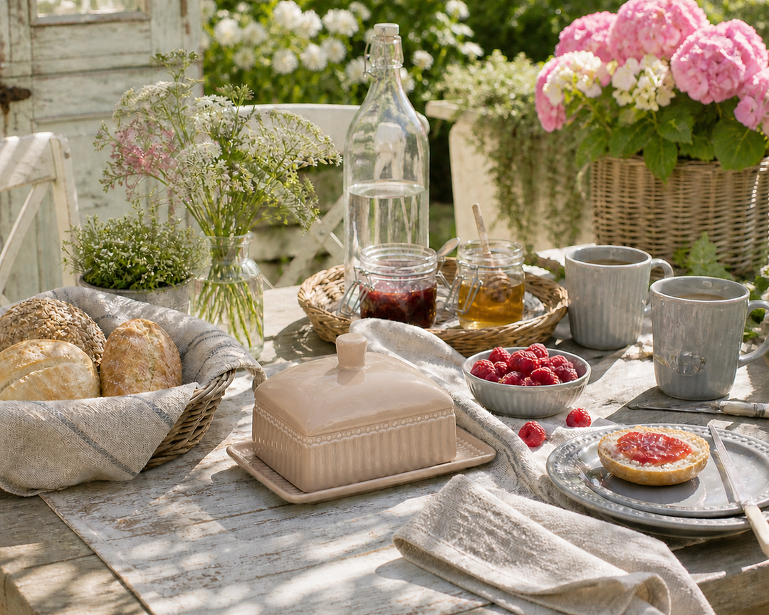 Butterdose Alice Fudge von GreenGate in heller Landhausküche mit Frühstück und natürlichen Materialien