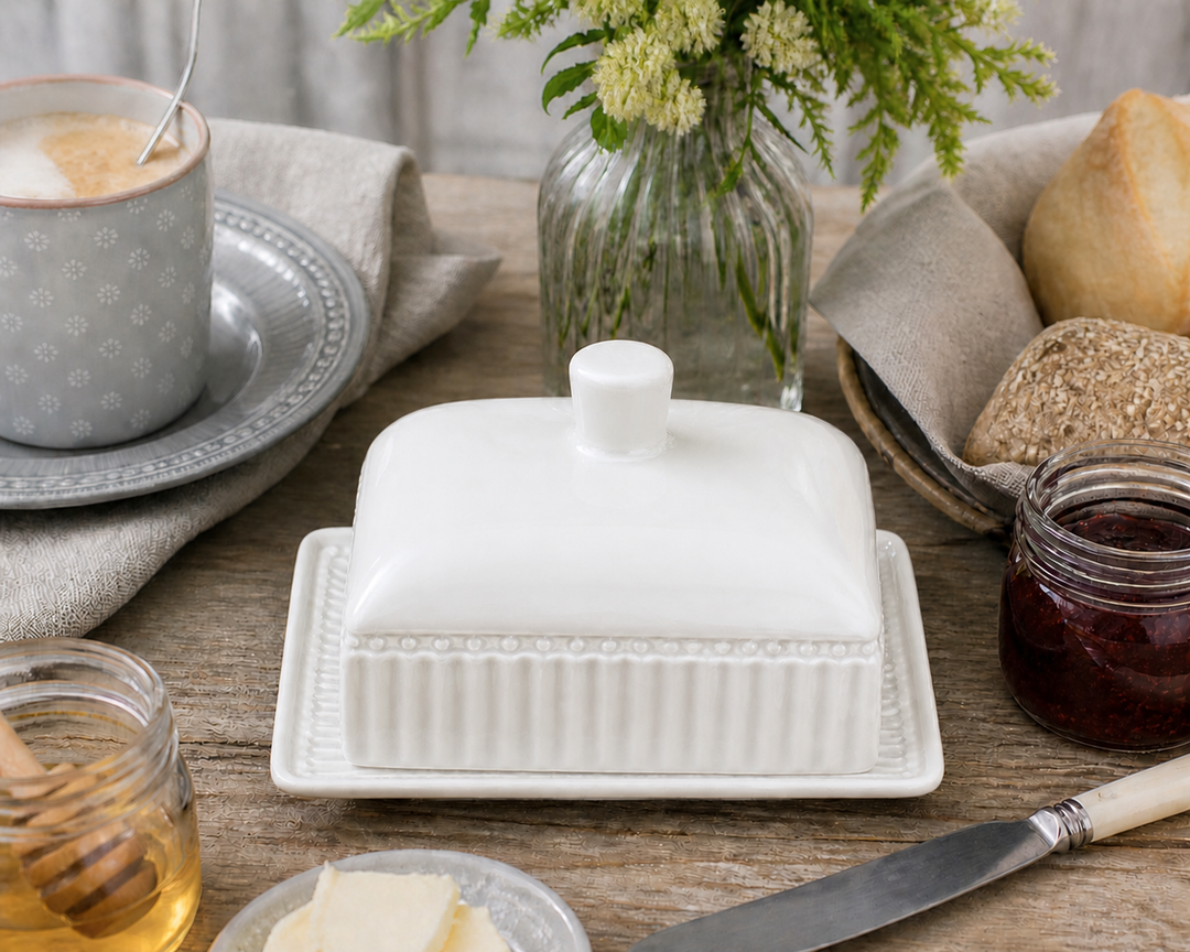 GreenGate Butterdose Alice Weiß (M) freigestellt mit Deckel und Platte im Landhausstil