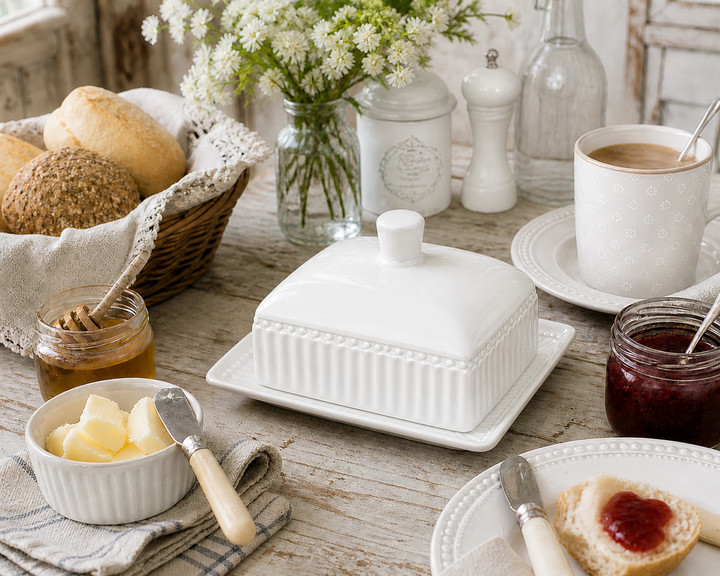 GreenGate Butterdose Alice Weiß (M) auf gedecktem Frühstückstisch im Landhausstil mit Brötchen, Marmelade und Honig