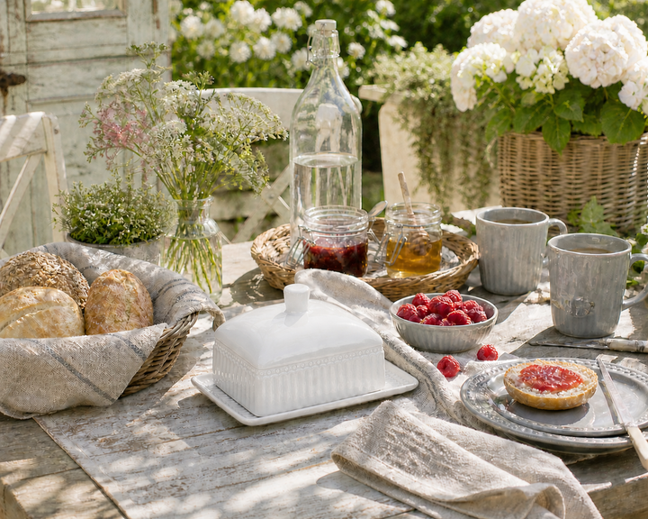 GreenGate Butterdose Alice Weiß (M) auf sommerlich gedecktem Terrassentisch im Shabby Chic Landhausstil mit Blumen, Beeren und Frühstück