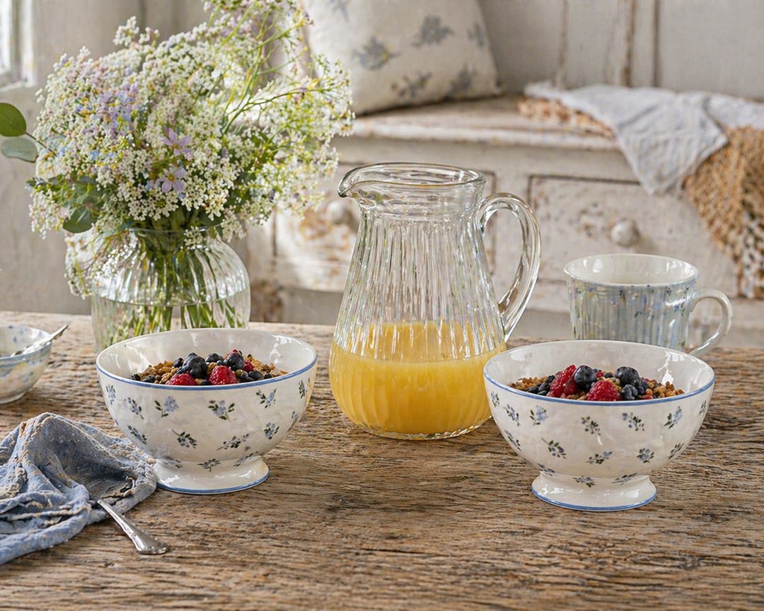 GreenGate Suppenschale Christina weiß geblümt im Set mit Müsli auf urigem Holztisch neben Saftkanne im Shabby Chic Landhausstil