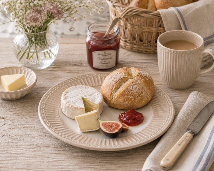 GreenGate Dessertteller Alice beige mit weichem Käse, Brötchen und Marmelade auf Holztisch im Landhausstil