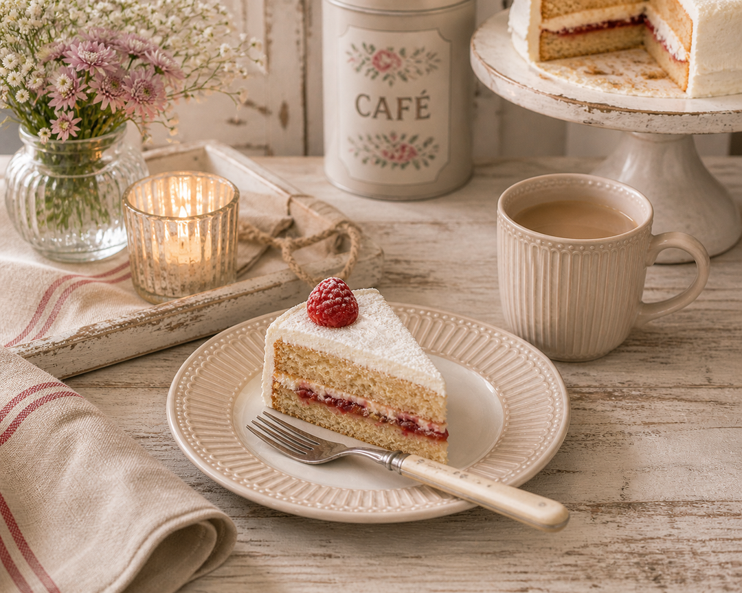 GreenGate Dessertteller Alice beige mit Kuchen in gemütlicher Kaffee Szene im Shabby Chic Stil