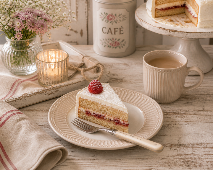 GreenGate Dessertteller Alice beige mit Kuchen in gemütlicher Kaffee Szene im Shabby Chic Stil