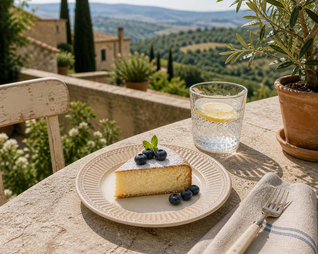 GreenGate Dessertteller Alice beige mit Kuchen auf sommerlicher Terrasse im mediterranen Landhausstil