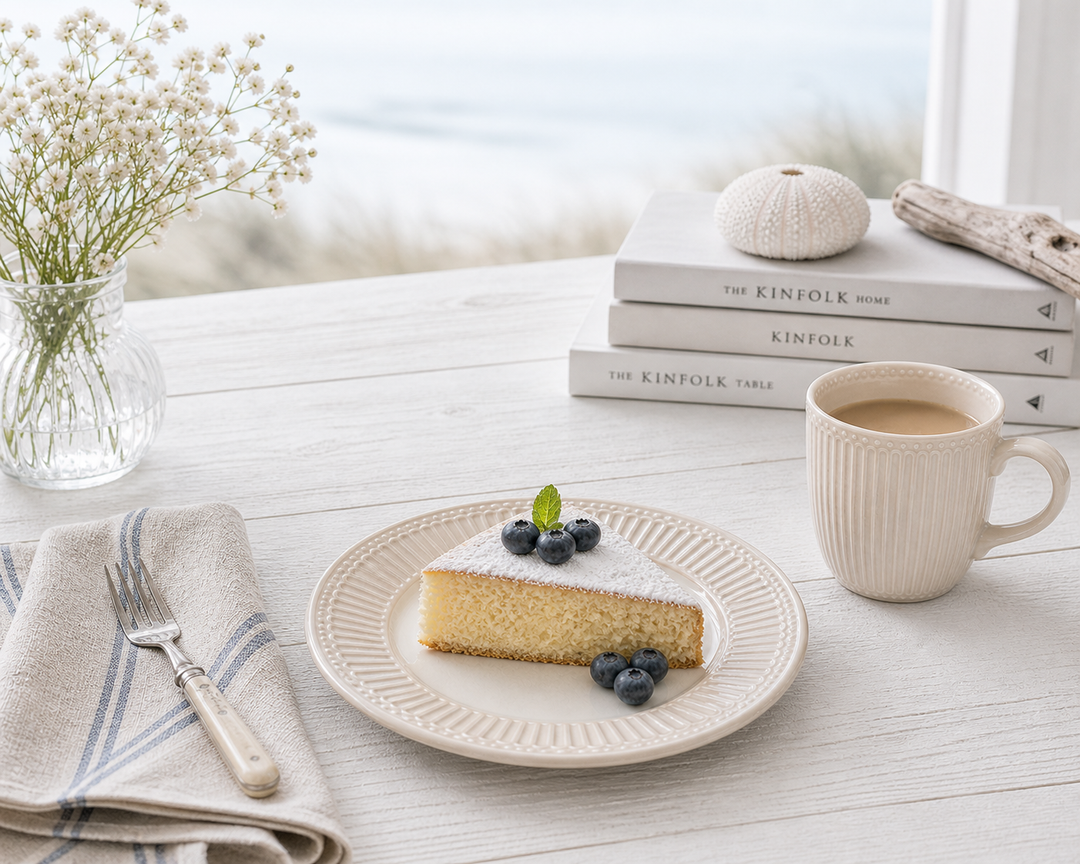 GreenGate Dessertteller Alice beige mit Kuchen in heller skandinavischer Küsten Szene, minimal und clean