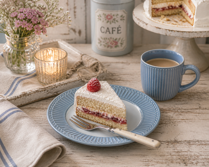 GreenGate Dessertteller Alice hellblau mit Kuchen in gemütlicher Kaffee Szene im Shabby Chic Stil