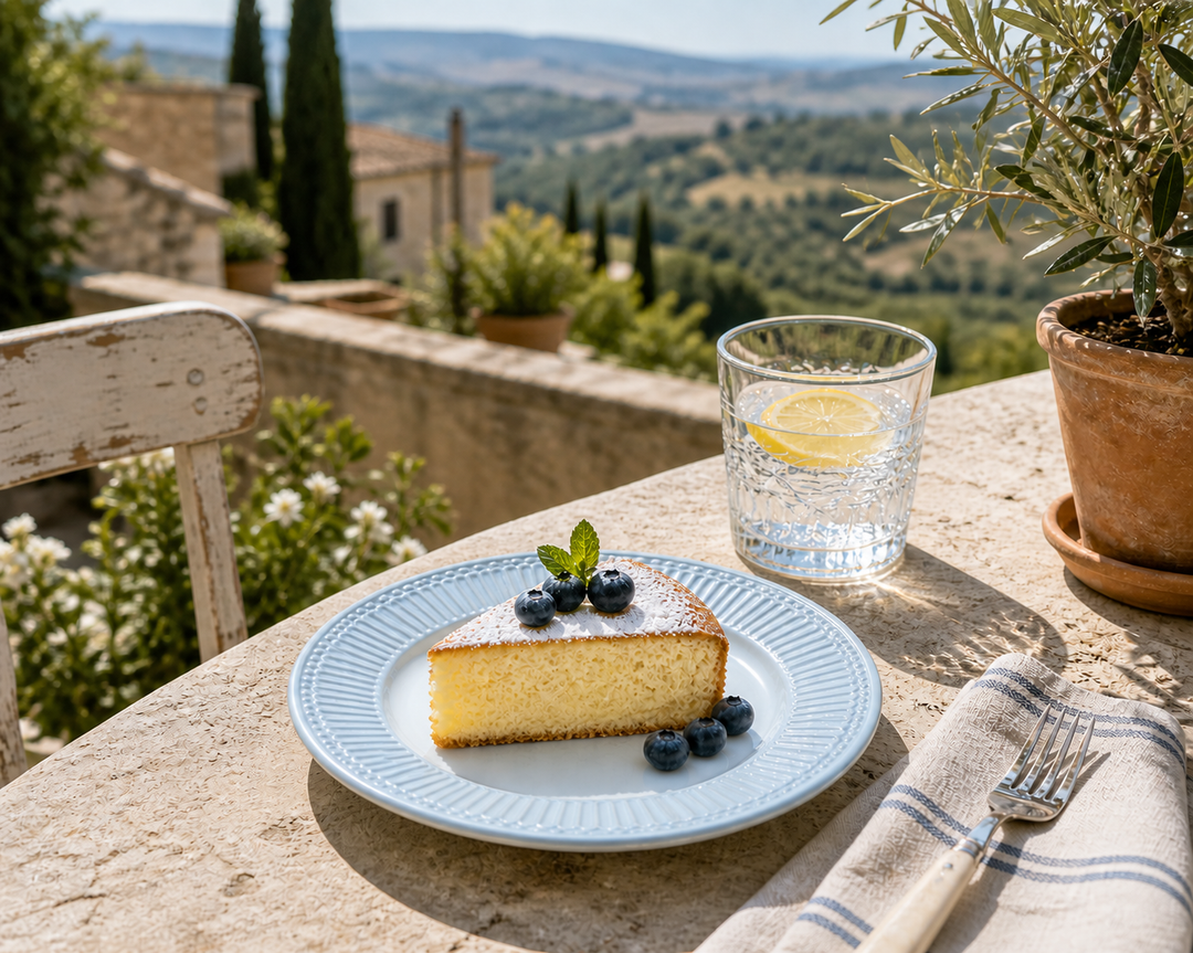 GreenGate Dessertteller Alice hellblau mit Kuchen auf sommerlicher Terrasse im mediterranen Landhausstil