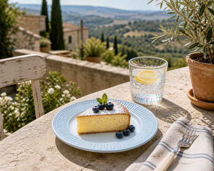 GreenGate Dessertteller Alice hellblau mit Kuchen auf sommerlicher Terrasse im mediterranen Landhausstil
